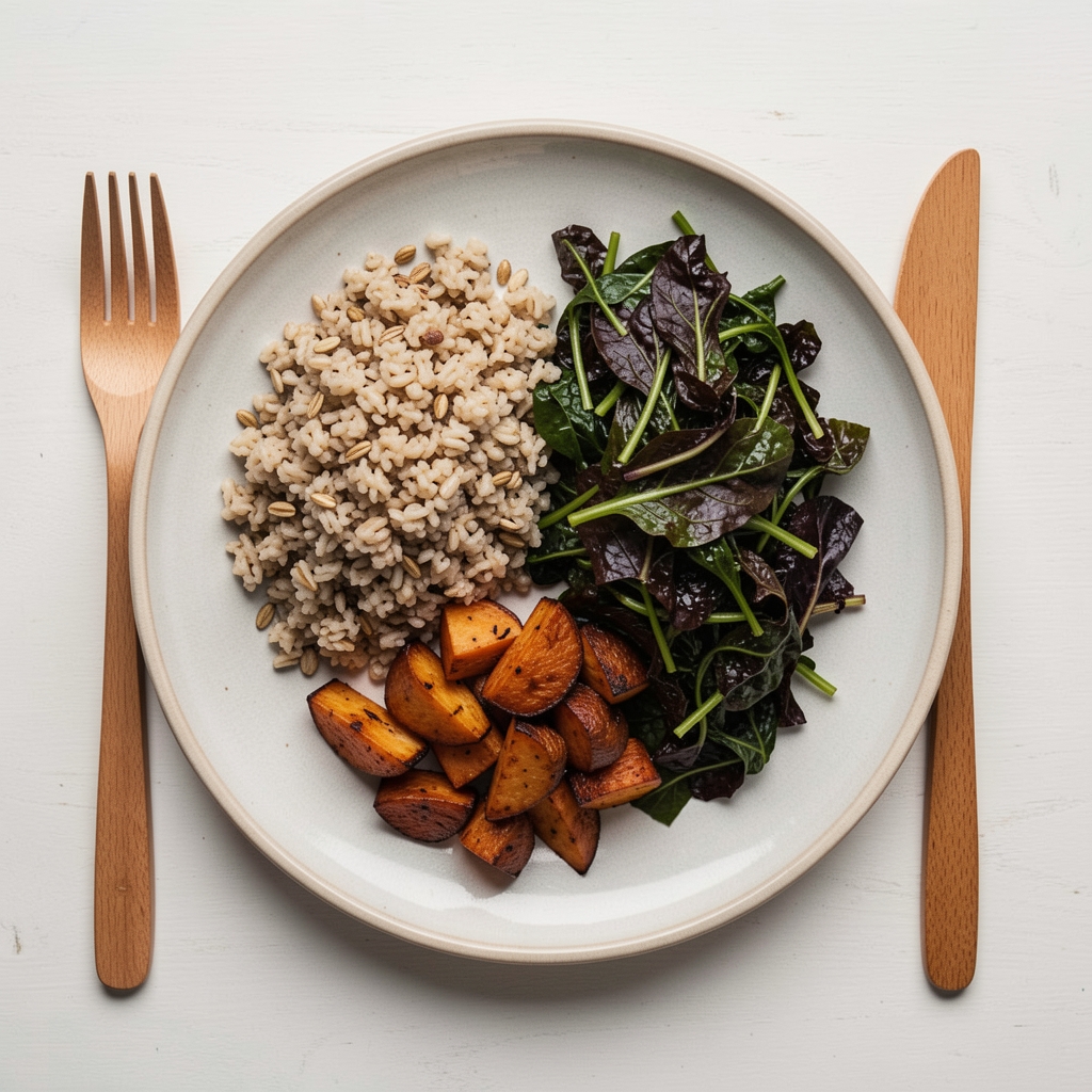Overhead view of a balanced lunch plate with whole grains, roasted root vegetables and dark leafy greens on a ceramic plate with natural wood utensils