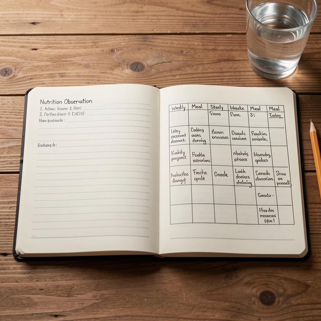 Open notebook with structured nutrition observation notes and hand-drawn weekly meal grid on a wooden desk, with a glass of water and pencil visible in natural studio light