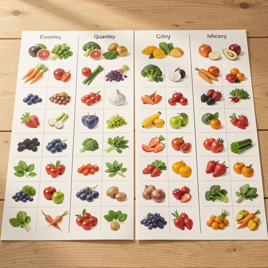 A seasonal ingredient grid spread across a light wooden table showing four columns for each quarter of the year with produce illustrations