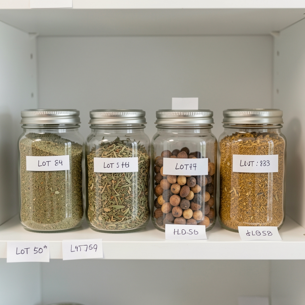 Dried herbs and whole spices arranged in labelled glass jars on a clean white shelf with lot reference numbers written on small paper tags