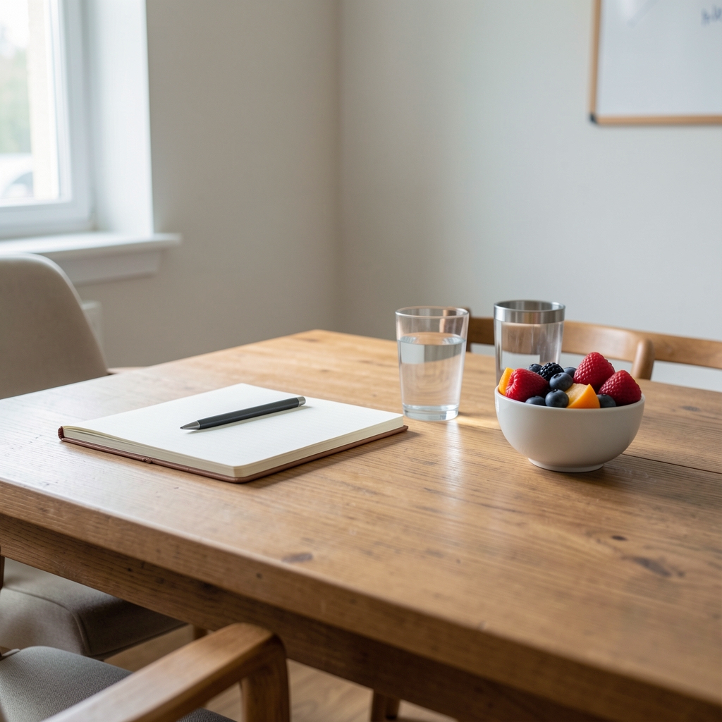 Nutrition consultation space with a wooden table, notebook, glass of water and a small bowl of seasonal fruit, photographed in clean natural morning light